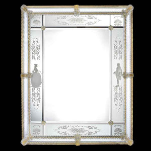 specchio veneziano rettangolare con dama e cavaliere incisi a mano sulle fasce laterali, fiori, foglie e canne lavorate in vetro di murano di colore oro/cristallo su fondo argento