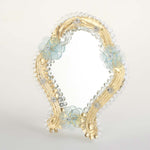 Load image into Gallery viewer, Elegante specchio artigianale da tavolo &quot;Calla&quot; con riflessi Oro e dettagli floreali in Azzurro 
