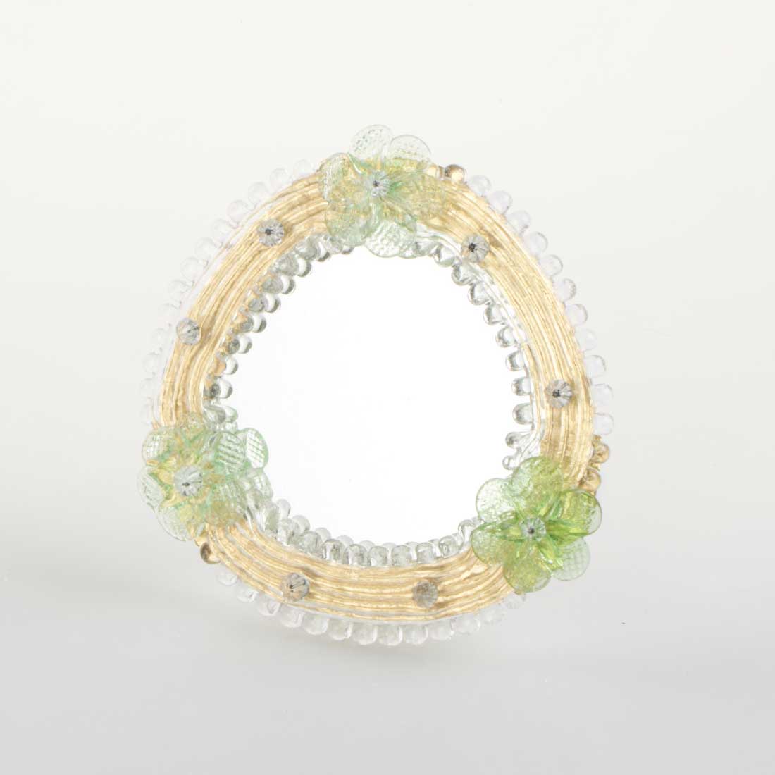 Elegante specchio artigianale da tavolo "Fresia" con riflessi Oro e dettagli floreali di colore verde
